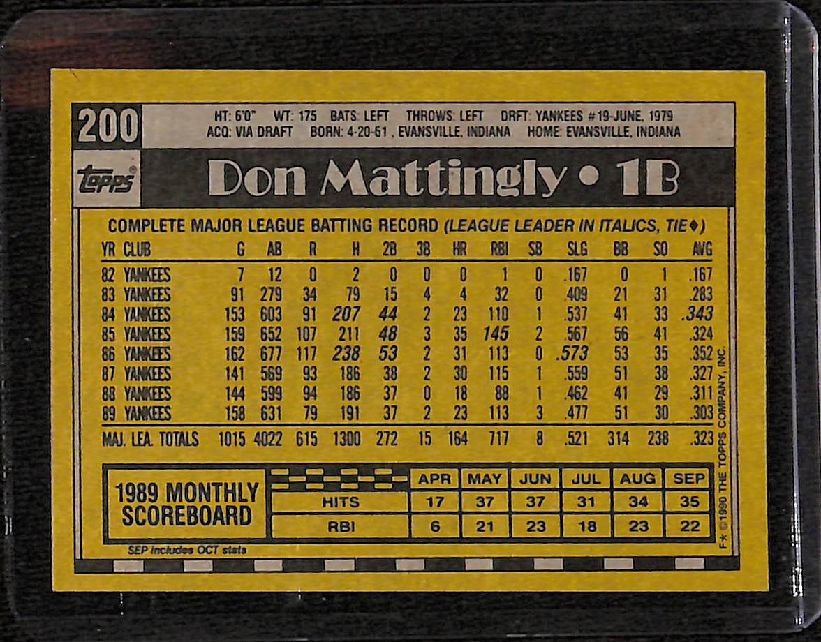 FIINR Baseball Card 1990 Topps Don Mattingly Baseball Card #200 - Mint Condition