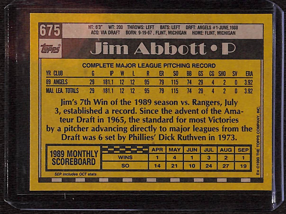 FIINR Baseball Card 1990 Topps Jim Abbott Vintage Baseball Rookie Card #675 - Rookie Card - Mint Condition