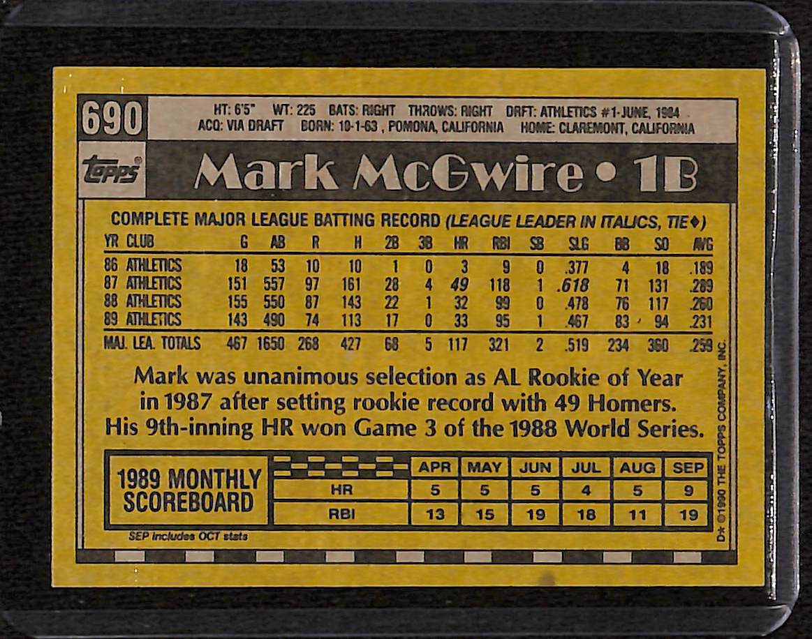 FIINR Baseball Card 1990 Topps Mark McGwire Baseball card #690 - Mint Condition