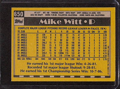 FIINR Baseball Card 1990 Topps Mike Witt Vintage MLB Baseball Card #650 - Mint Condition