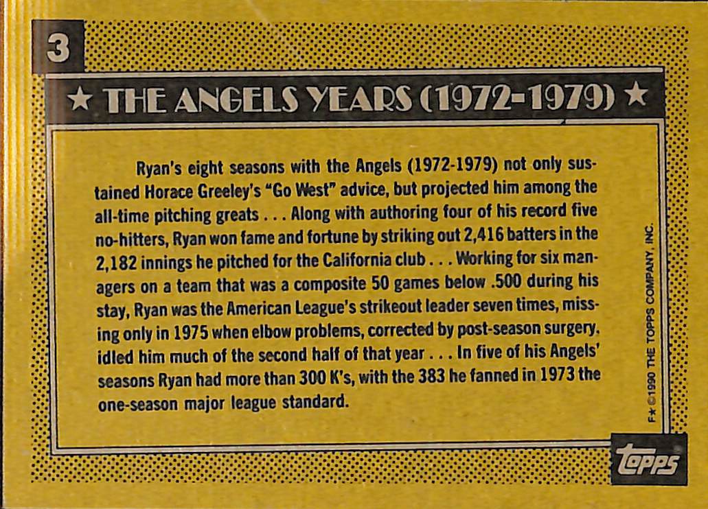 FIINR Baseball Card 1990 Topps Nolan Ryan Baseball Card Angels #3 - Mint Condition