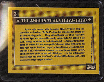 FIINR Baseball Card 1990 Topps Nolan Ryan Baseball Card Angels #3 - Mint Condition