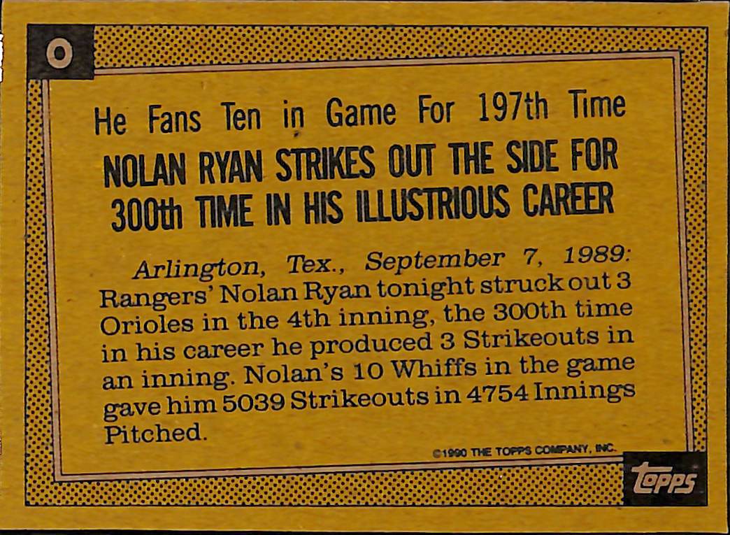 FIINR Baseball Card 1990 Topps Nolan Ryan Baseball Card Astros #0 - Mint Condition
