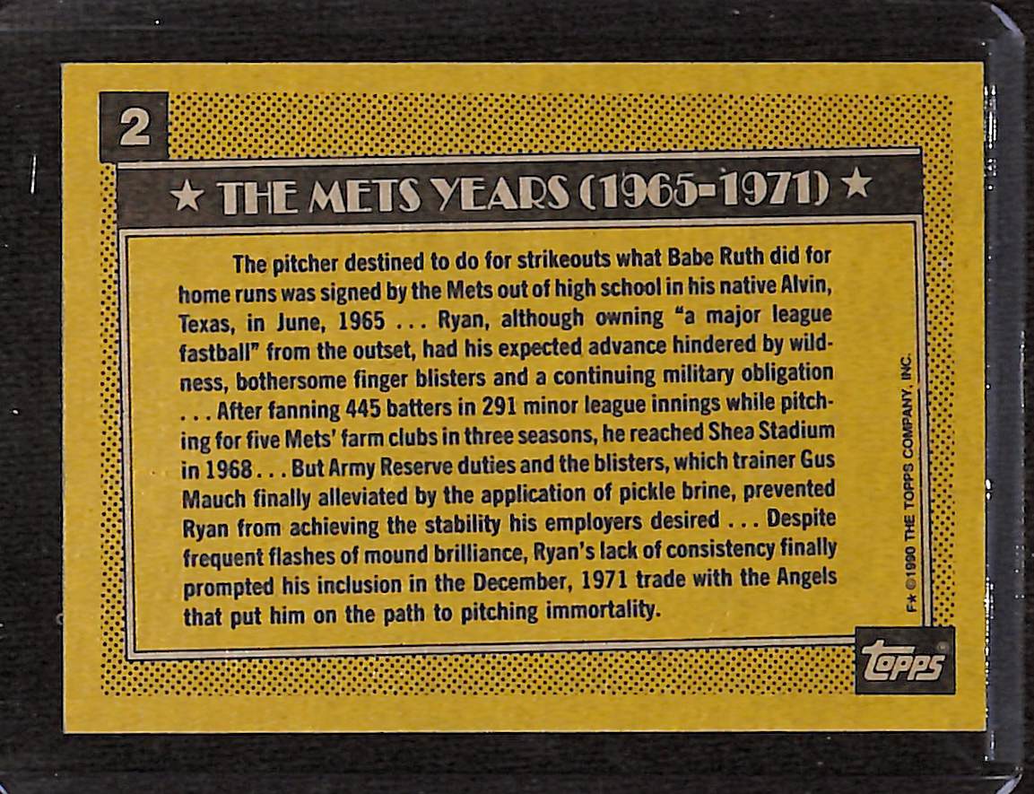 FIINR Baseball Card 1990 Topps Nolan Ryan Baseball Card Mets #2 - Mint Condition