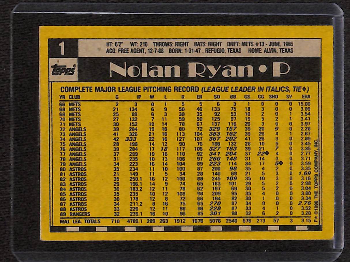 FIINR Baseball Card 1990 Topps Nolan Ryan Baseball Card Rangers #1 - Mint Condition