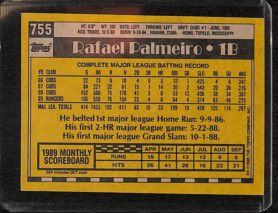 FIINR Baseball Card 1990 Topps Rafael Palmeiro Vintage Baseball Card #755 - Mint Condition