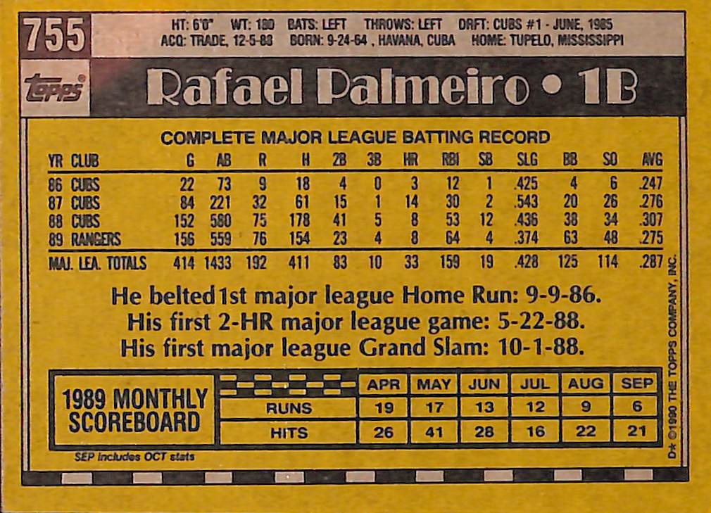 FIINR Baseball Card 1990 Topps Rafael Palmeiro Vintage Baseball Card #755 - Mint Condition