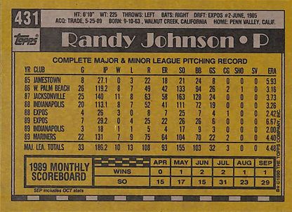 FIINR Baseball Card 1990 Topps Randy Johnson Baseball Card #431 - Mint Condition