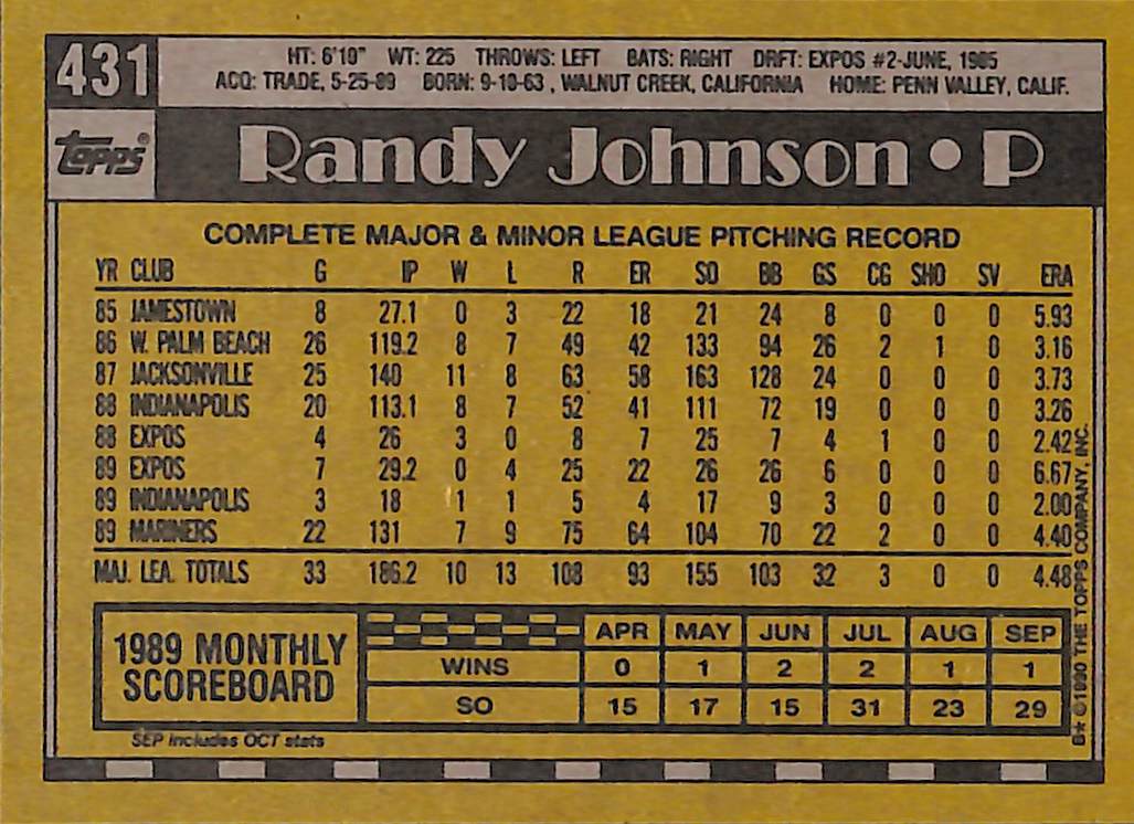 FIINR Baseball Card 1990 Topps Randy Johnson Baseball Card #431 - Mint Condition