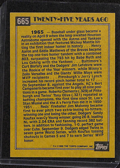 FIINR Baseball Card 1990 Topps Sandy Koufax Blue Turn Back The Clock Baseball Card #665 - Mint Condition