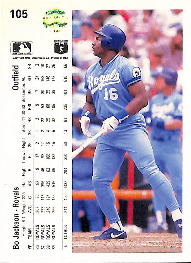 FIINR Baseball Card 1990 Upper Deck Bo Jackson Baseball Card Royals #105 - Mint Condition