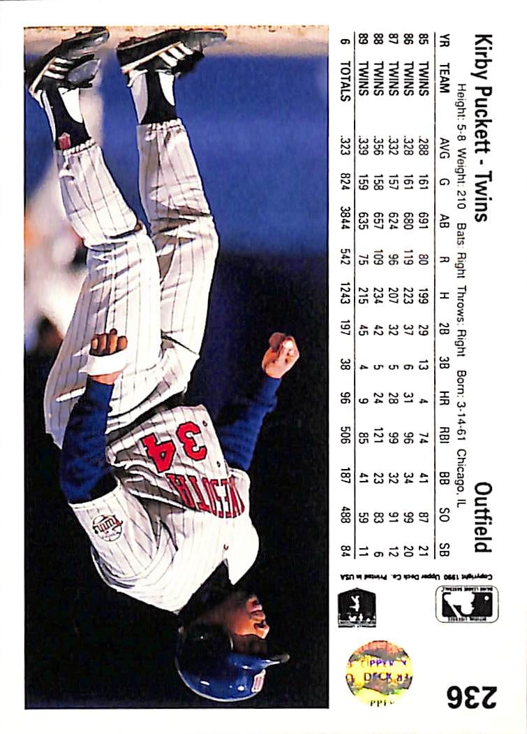 FIINR Baseball Card 1990 Upper Deck Kirby Puckett MLB Baseball Error Card #236 - Error Card - Mint Condition