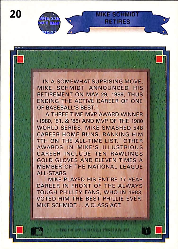 FIINR Baseball Card 1990 Upper Deck Mike Schmidt Retires Special Edition Baseball Card #20 - Mint Condition