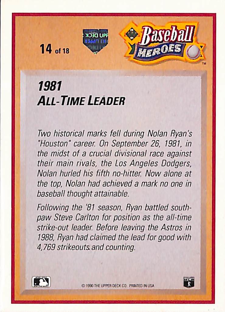 FIINR Baseball Card 1990 Upper Deck Nolan Ryan Baseball Heroes MLB Baseball Card #14 - Mint Condition