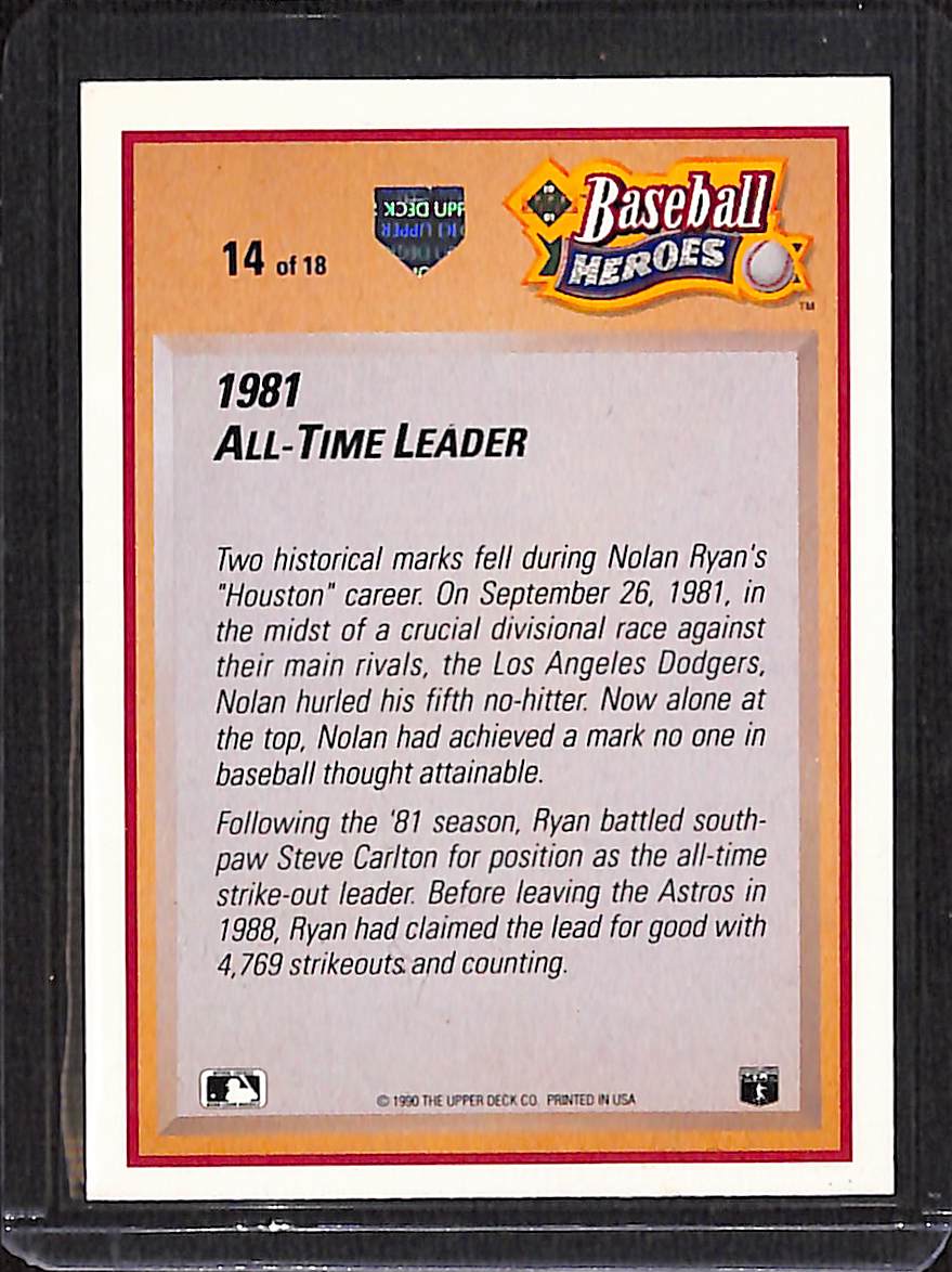 FIINR Baseball Card 1990 Upper Deck Nolan Ryan Baseball Heroes MLB Baseball Card #14 - Mint Condition