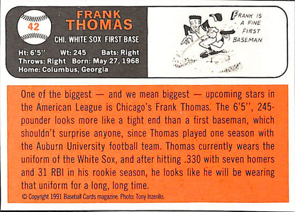 FIINR Baseball Card 1991 Baseball Card Magazine Frank Thomas Baseball Card #42 - Mint Condition