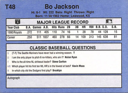 FIINR Baseball Card 1991 Classics Bo Jackson Baseball Card Royals #T48 - Mint Condition
