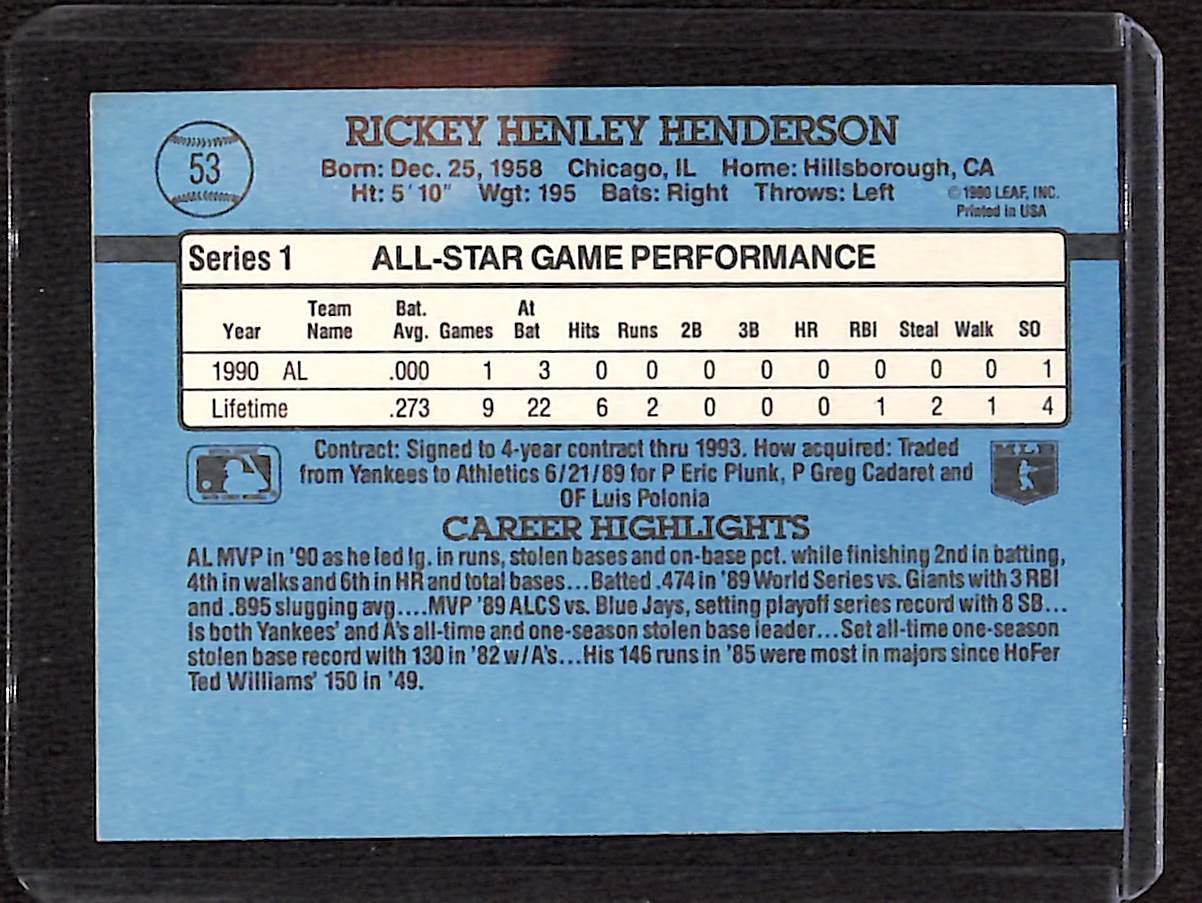 FIINR Baseball Card 1991 Donruss All-Star Rickey Henderson Baseball Card #53 - Mint Condition