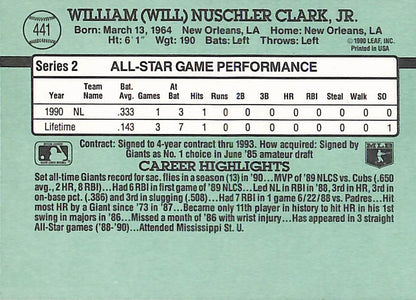 FIINR Baseball Card 1991 Donruss All-Star Will Clark MLB Vintage Baseball Player Card #441 - Mint Condition