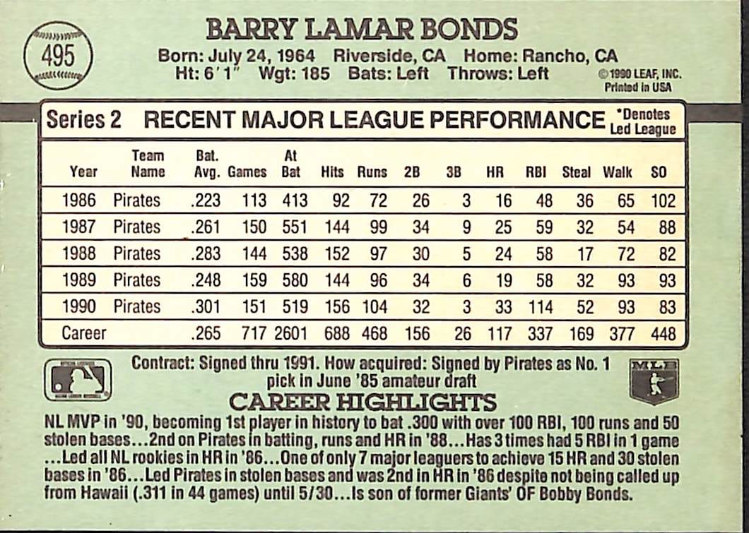 FIINR Baseball Card 1991 Donruss Barry Bonds Baseball Card #495 - Mint Condition