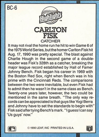 FIINR Baseball Card 1991 Donruss Carlton Fisk Baseball Error Card #BC-6 - Error Card - Mint Condition