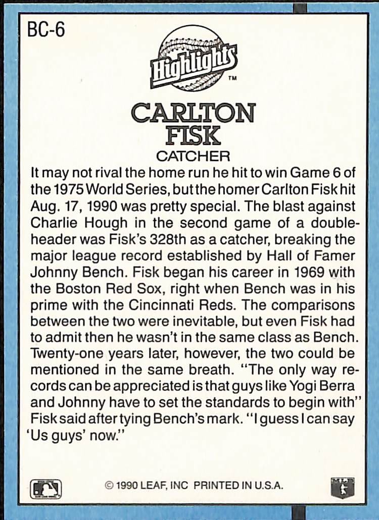 FIINR Baseball Card 1991 Donruss Carlton Fisk Baseball Error Card #BC-6 - Error Card - Mint Condition