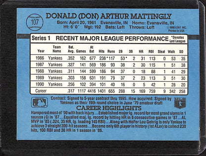 FIINR Baseball Card 1991 Donruss Don Mattingly MLB Baseball Card #107 - Mint Condition