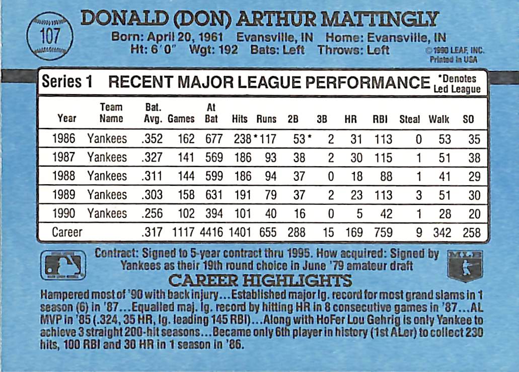 FIINR Baseball Card 1991 Donruss Don Mattingly MLB Baseball Card #107 - Mint Condition