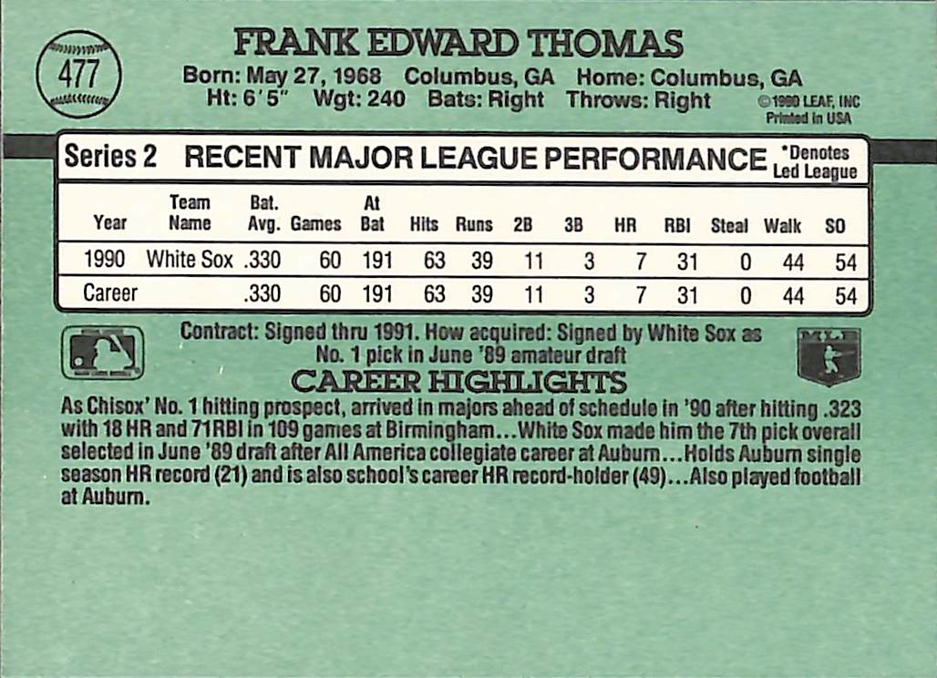 FIINR Baseball Card 1991 Donruss Frank Thomas Baseball Error Card #477 - Error Card - Mint Condition