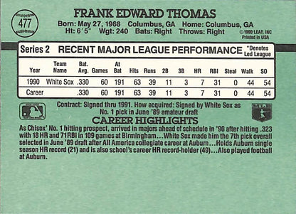 FIINR Baseball Card 1991 Donruss Frank Thomas Baseball Error Card #477 - Error Card - Mint Condition