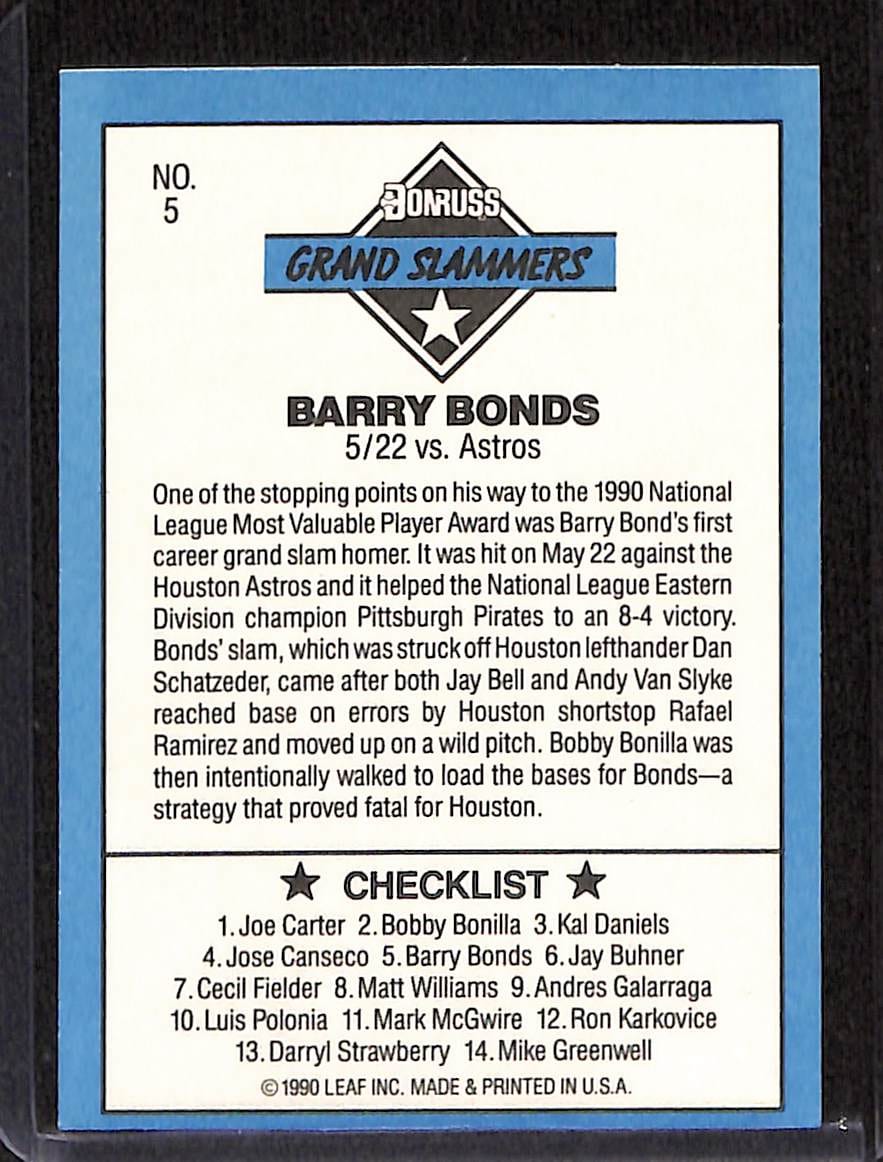 FIINR Baseball Card 1991 Donruss Grand Slammer Barry Bonds Baseball Card #5 - Mint Condition