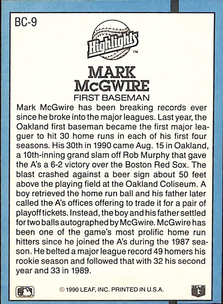 FIINR Baseball Card 1991 Donruss Mark McGwire Baseball Card #BC9 - Mint Condition