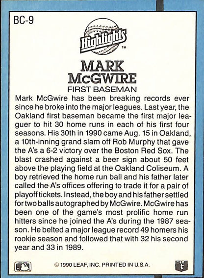 FIINR Baseball Card 1991 Donruss Mark McGwire Baseball Card #BC9 - Mint Condition