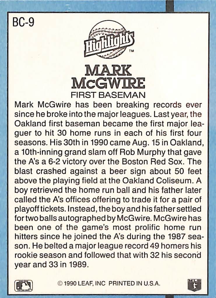 FIINR Baseball Card 1991 Donruss Mark McGwire Baseball Error Card #BC9 - Error Card - Mint Condition