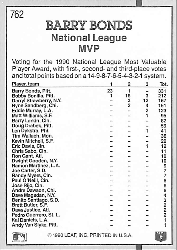 FIINR Baseball Card 1991 Donruss MVP Barry Bonds Baseball Card #762 - Mint Condition
