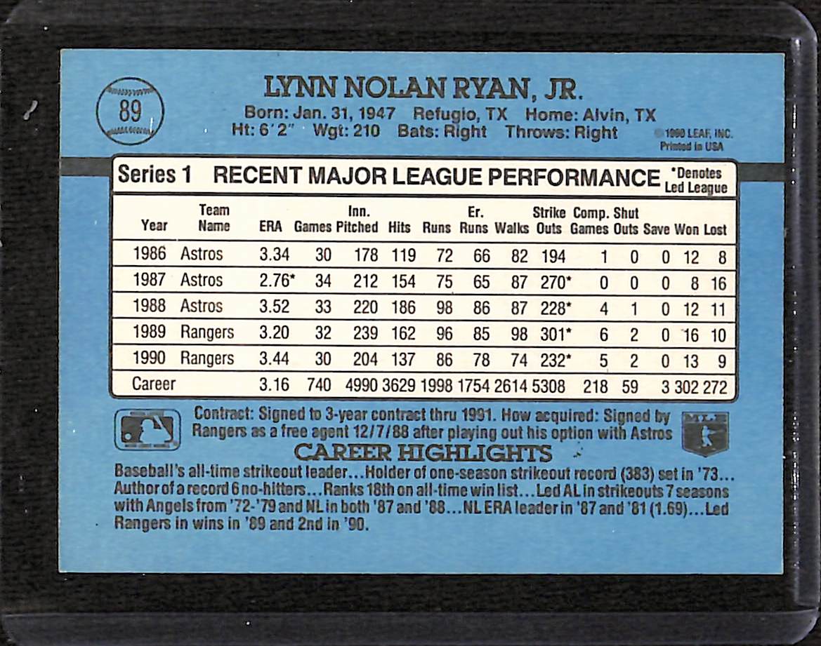 FIINR Baseball Card 1991 Donruss Nolan Ryan Baseball Card Astros #89 - Mint Condition