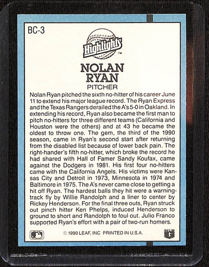 FIINR Baseball Card 1991 Donruss Nolan Ryan Baseball Error Card Rangers #BC3 - Error Card - Mint Condition