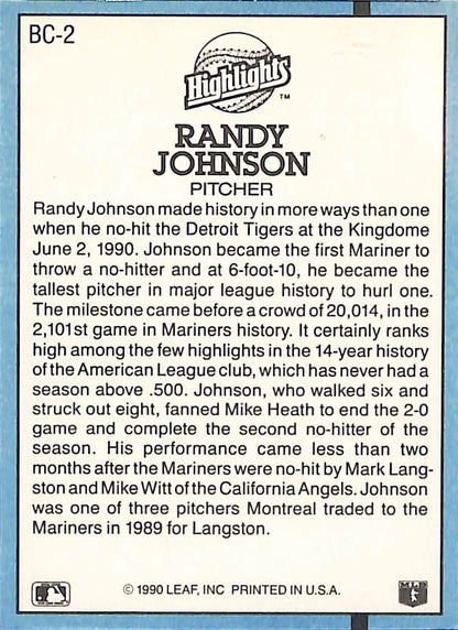 FIINR Baseball Card 1991 Donruss Randy Johnson Baseball Error Card #BC2 - 2 Error Card - Mint Condition