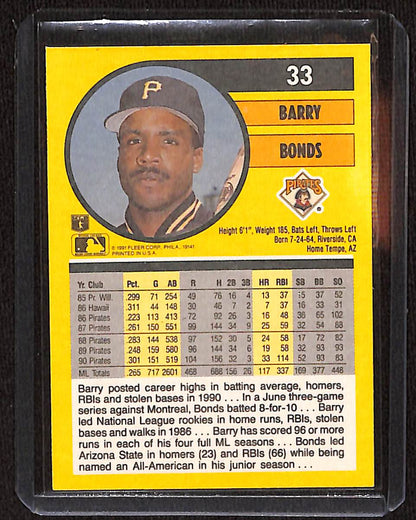 FIINR Baseball Card 1991 Fleer Barry Bonds Baseball Card #33 - Mint Condition