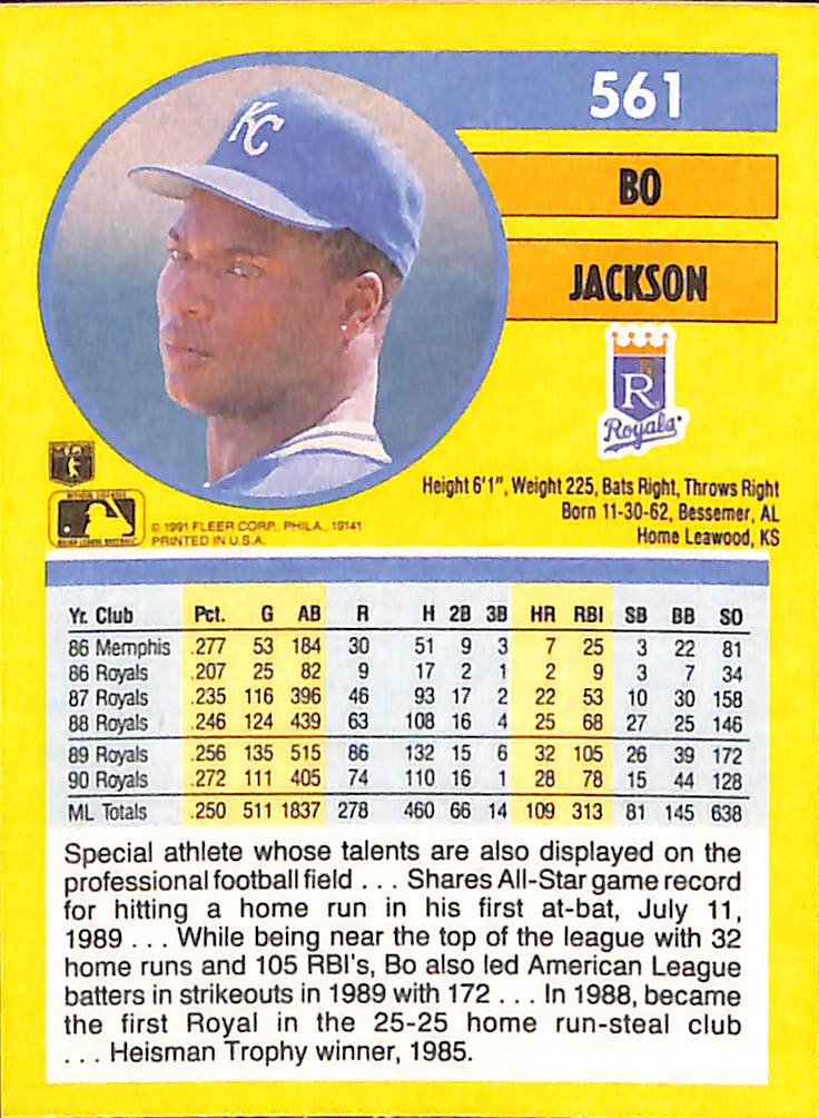FIINR Baseball Card 1991 Fleer Bo Jackson Baseball Card Royals #561 - Mint Condition