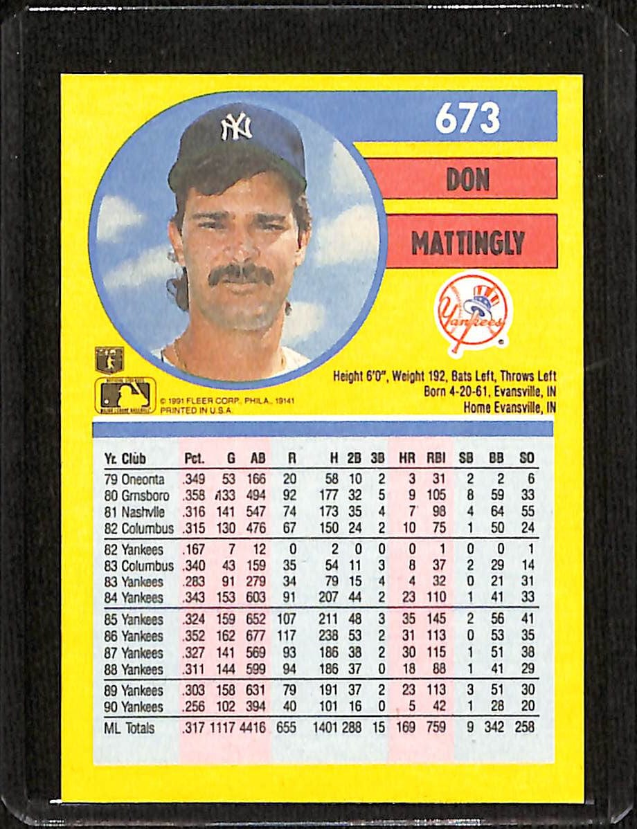 FIINR Baseball Card 1991 Fleer Don Mattingly MLB Baseball Card #673 - Mint Condition