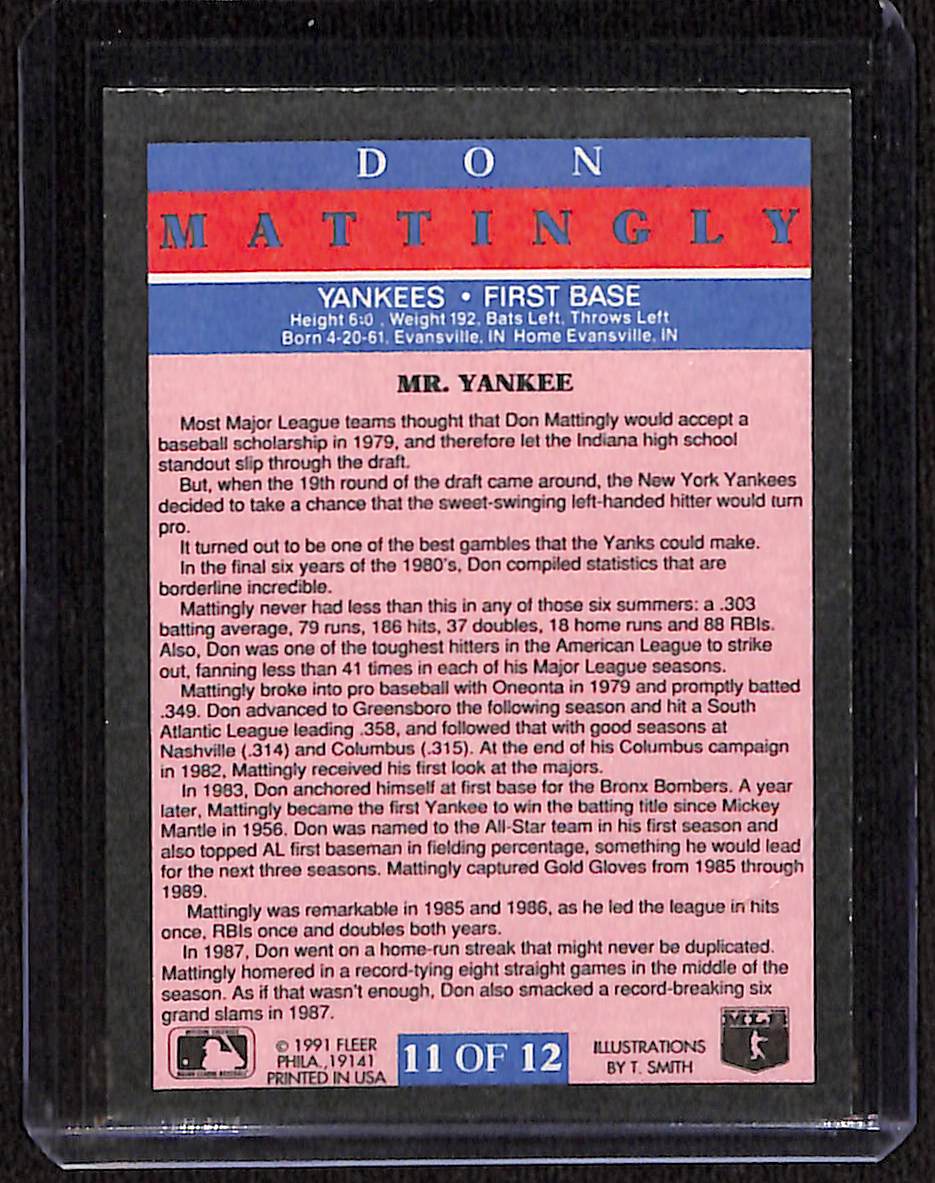 FIINR Baseball Card 1991 Fleer Don Mattingly Mr. Yankee MLB Baseball Card #11 - Mint Condition