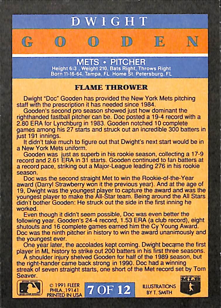 FIINR Baseball Card 1991 Fleer Flamethrower Dwight "Doc" Gooden Baseball Card #7 - Mint Condition