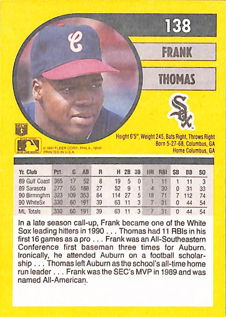 FIINR Baseball Card 1991 Fleer Frank Thomas MLB Baseball Card #138 - Mint Condition