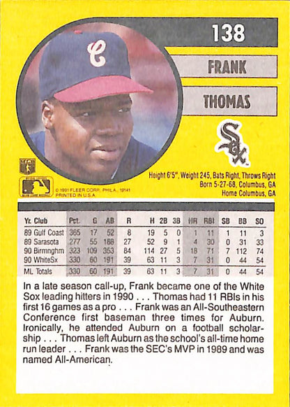 FIINR Baseball Card 1991 Fleer Frank Thomas MLB Baseball Card #138 - Mint Condition