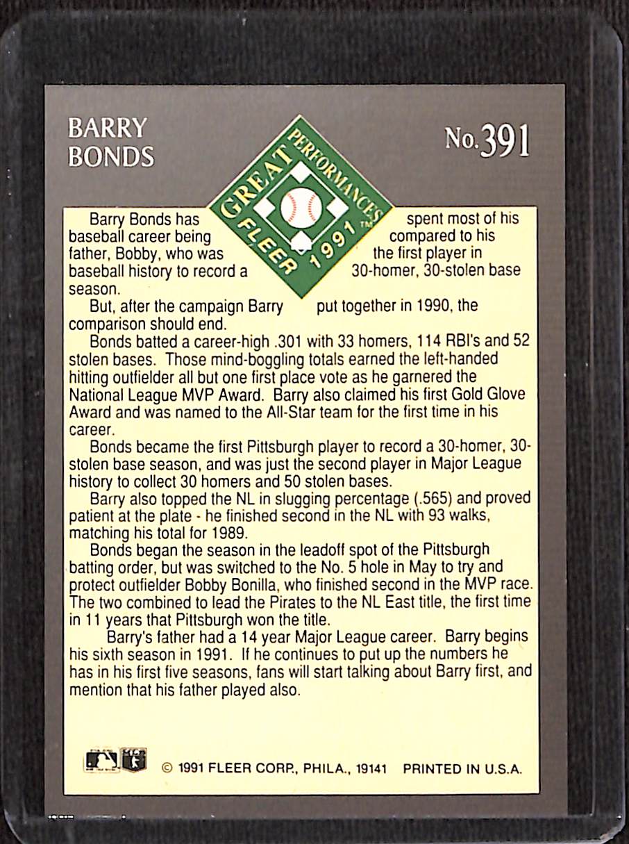 FIINR Baseball Card 1991 Fleer Great Performance Barry Bonds Baseball Card #391 - Mint Condition