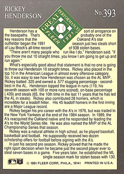 FIINR Baseball Card 1991 Fleer Great Performer Rickey Henderson Baseball Card #393 - Mint Condition