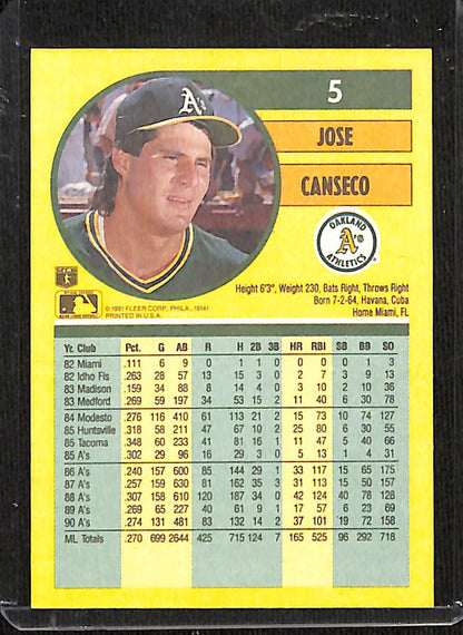 FIINR Baseball Card 1991 Fleer Jose Canseco Baseball Card #5 - Mint Condition