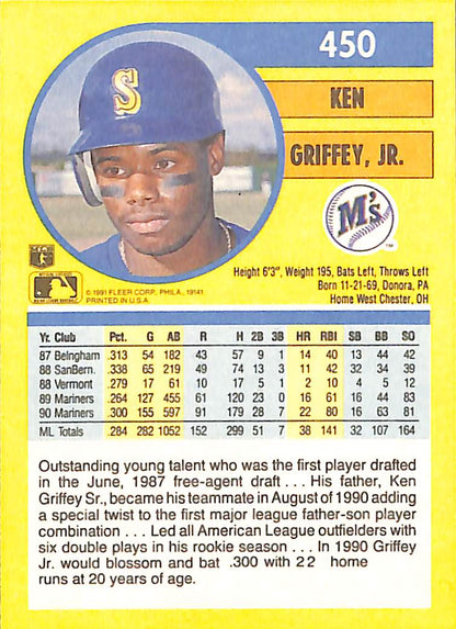 FIINR Baseball Card 1991 Fleer Ken Griffey Jr. MLB Baseball Card #450 - Mint Condition