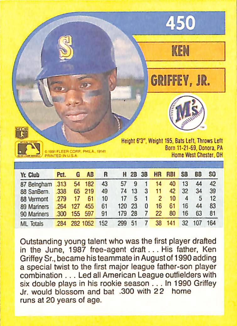 FIINR Baseball Card 1991 Fleer Ken Griffey Jr. MLB Baseball Card #450 - Mint Condition